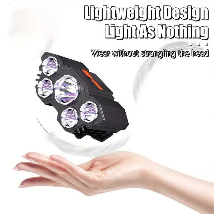 Lanterna Frontal 5 luzes LED, Carregável USB. 4 modos iluminação. Nova