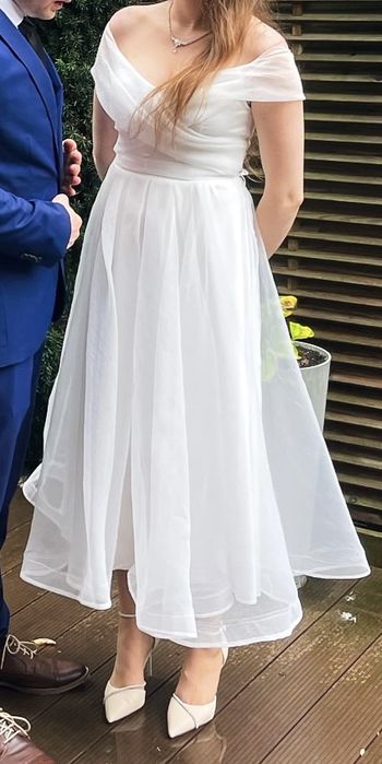 Biała sukienka MIDI „hiszpanka” - idealna na ślub cywilny/poprawiny