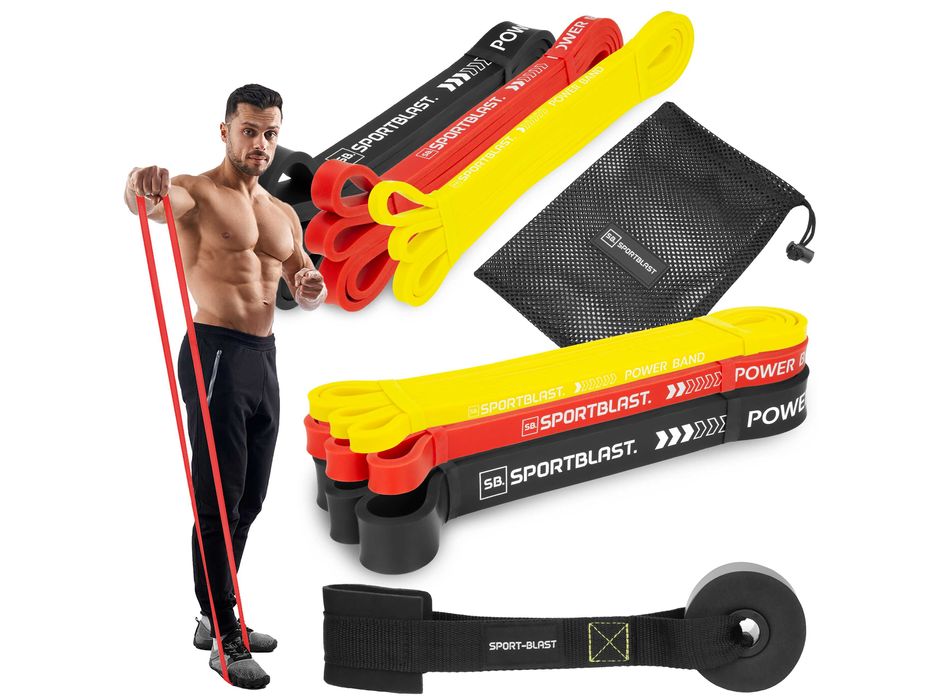 Gumy oporowe do ćwiczeń ZESTAW 3 sztuk + uchwyt do drzwi + worek DW