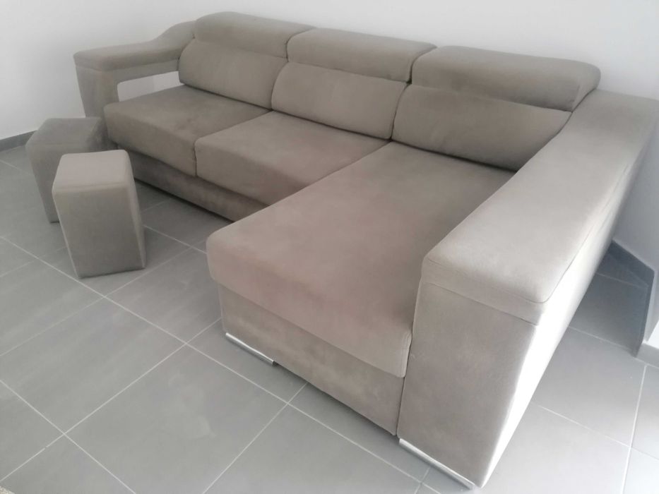 Sofá Chaise Long Cinza Rato | 5 Lugares + 2 | Bom Estado