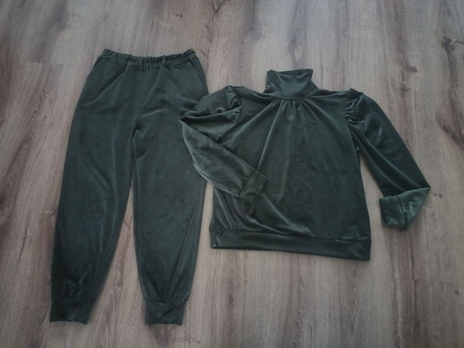 Dres komplet zestaw welurowy bluza spodnie khaki bawełna