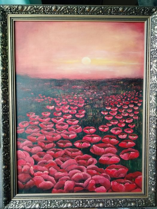 Duży obraz olejny "Pole maków" w pięknej złotej ramie - 90/70 cm