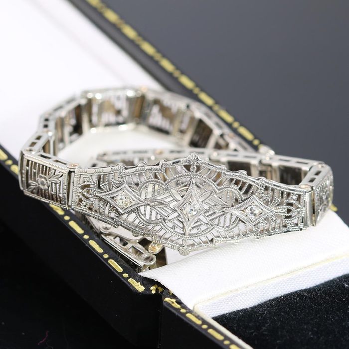 Złota bransoletka z diamentami Art Deco niespotykana antyczna 10K