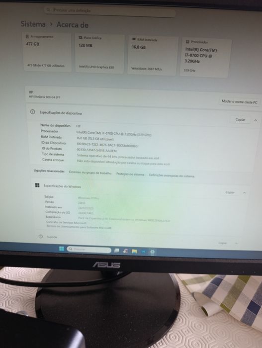 HP elite desk i7 com monitor Asus 22 polegadas