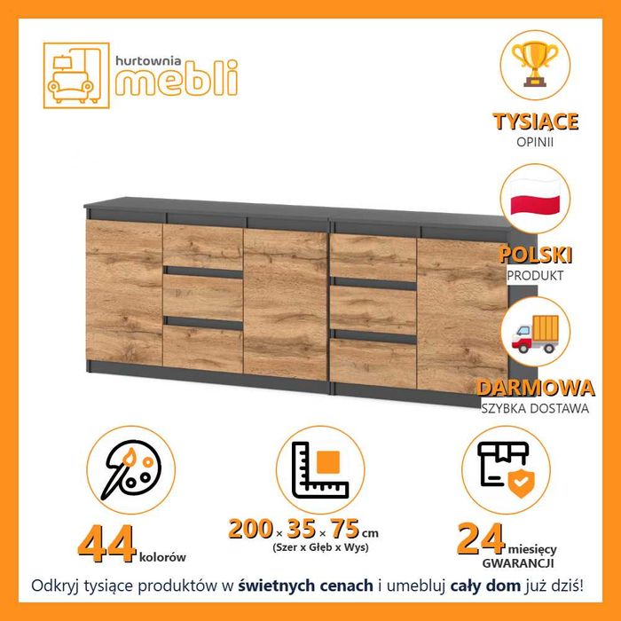 Komoda Duża Modułowa Best Agnes 200cm Duża Szafka 6 Szuflad Do Salonu