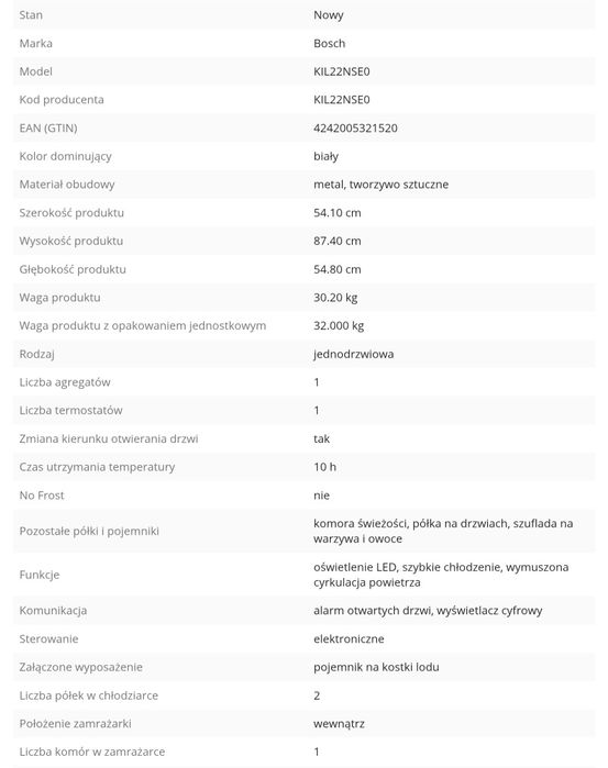 Nowa Lodówka Bosch KIL22NSE0