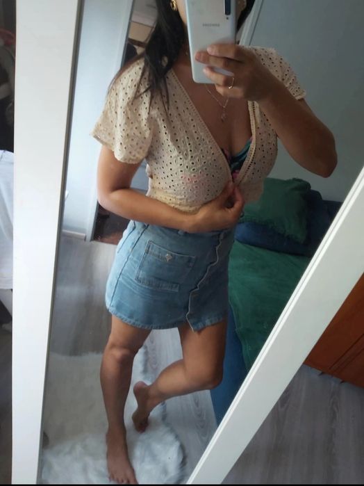 Jasnobeżowa Haftowana Krótka Bluzka croptop r.40 L ażurowa 100%bawełna