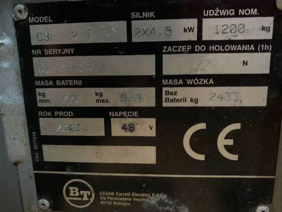 Elektryczny wózek widłowy BT CBE 12 , Cargo /sadowniczy