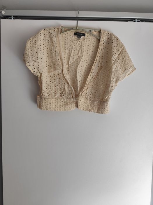 Jasnobeżowa Haftowana Krótka Bluzka croptop r.40 L ażurowa 100%bawełna
