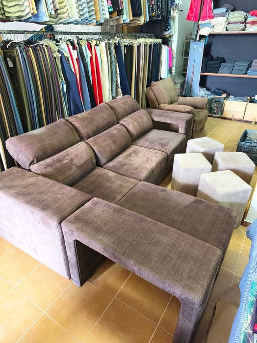 Sofá vintage castanho c/chaise long + 4 bancos incluídos