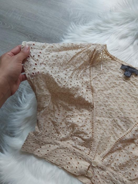 Jasnobeżowa Haftowana Krótka Bluzka croptop r.40 L ażurowa 100%bawełna