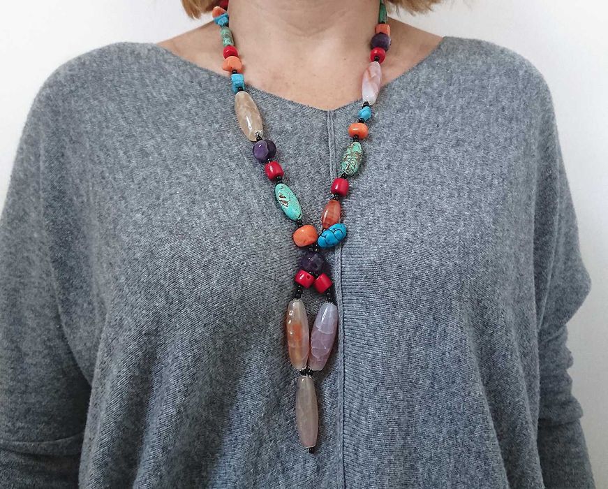 Naszyjnik handmade Agat, Koral, Ametyst, Turkus. Kamienie naturalne.