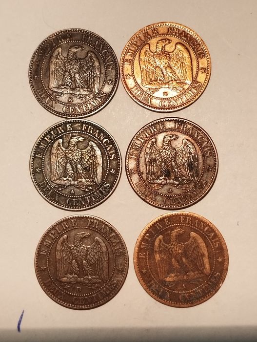 Moedas 2 Centimes 1854A, 1855K, 1856BB, 1857A, 1861A, 1862BB, 1892A FR