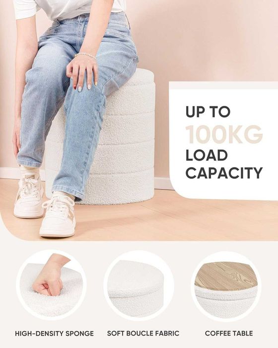Pufe de Armazenamento Bonlife Bouclé com Tampa | Banco de Apoio aos Pés Dobrável | Ottoman Sherpa Branco para Sala e Quarto | 37×37×45 cm