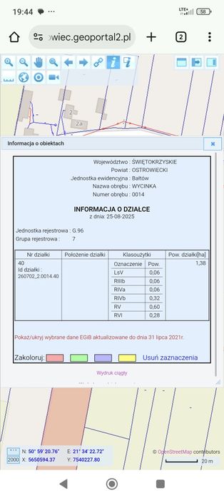 Działka budowlano rolna 1.58ha w miejscowości Wycinka gm. Bałtów