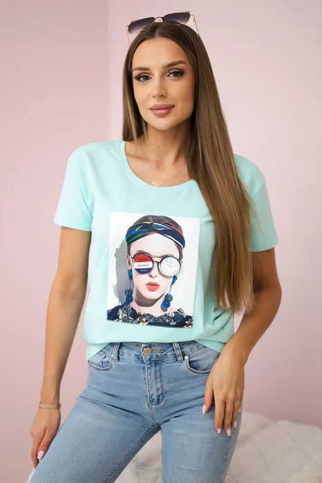 Bluzka z grafiką kobiety miętowa