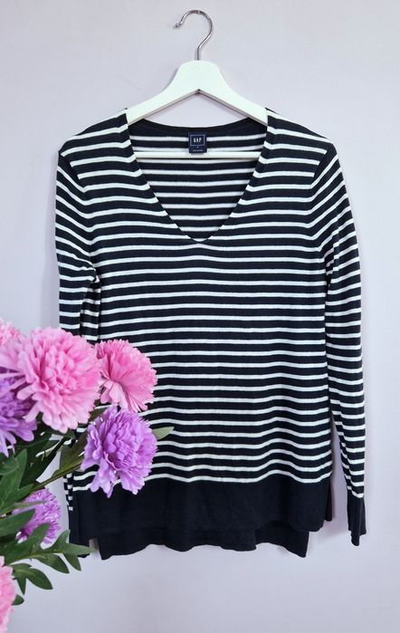 Granatowy miękki sweter w białe paski w stylu marynarskim GAP S M L