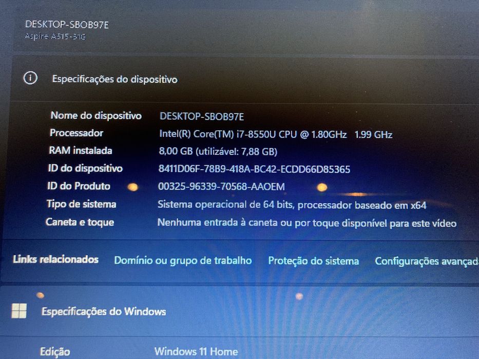 Acer Aspire A515-51G i7-8550U 256GB NVME