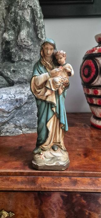 Stara rzeźba sakralna Madonna z Dzieciątkiem Maryja antyk XIXw