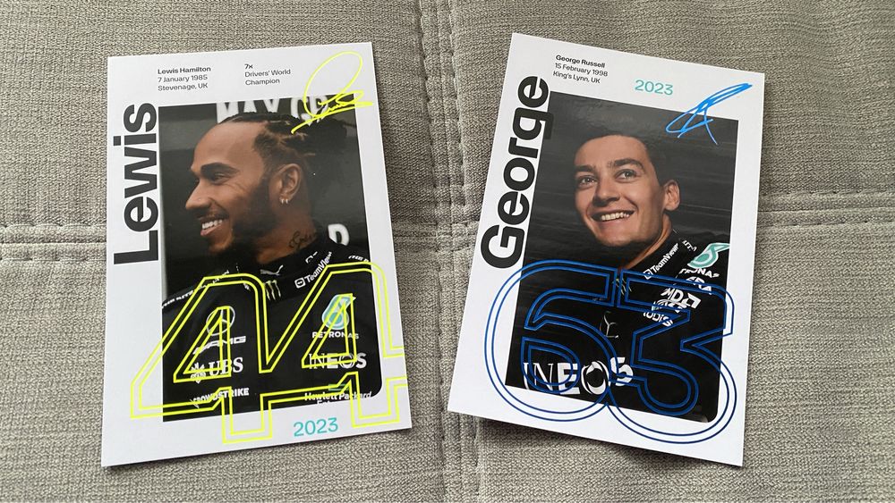 Oryginalne karty kierowców F1 Mercedes. Hamilton, Russell