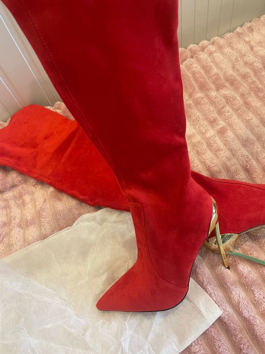 Женские красные ботфорты чулок на золотой шпильке