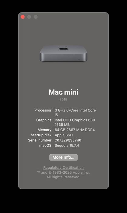 Mac mini 2018 i5 64GB RAM 250GB SSD 1Gb Ethernet