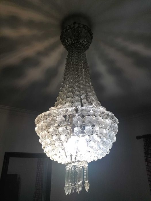Lustre de Teto Grande em Cristal e Latão, Vintage Meados do Séc. XX,
