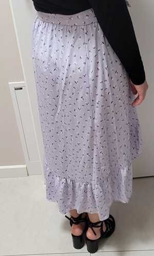 Fioletowa, asymetryczna midi spódnica w kwiaty Monki, S (36 duże)