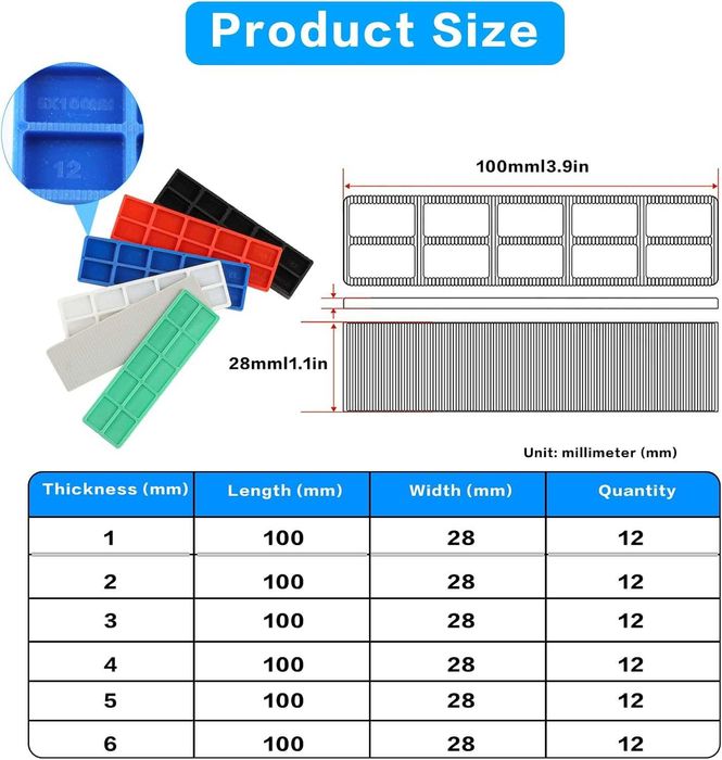 Podkładki dystansowe do układania płytek, 67 szt, 6 rozmiarów