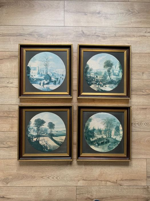 Stare oleodruki w drewnianych złoconych ranach komplet 4 pory roku