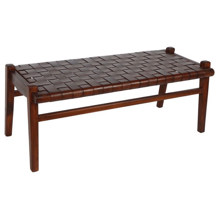 Elegancka Ławka Z Drewna Tekowego I Skóry Plecionej - ICS742