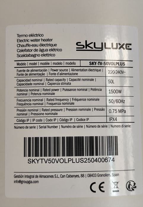 Cilindro/Termoacumulador skyluxe 50L