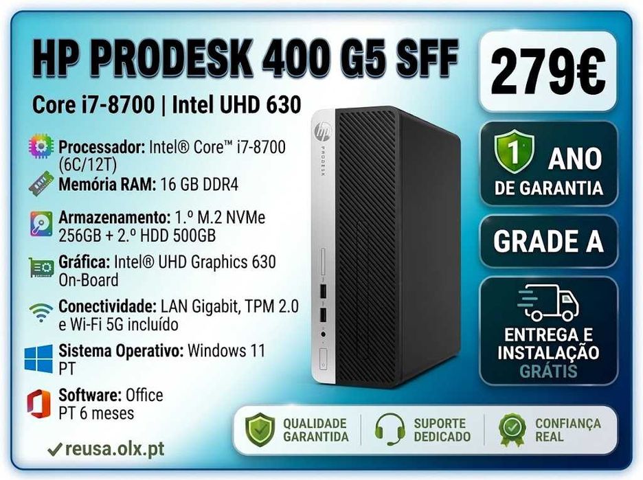 Desktop HP 400 G5 SFF | i7-8700 (12T) | 16GB DDR4 | NVMe 256GB + HDD 500GB | WiFi | W11