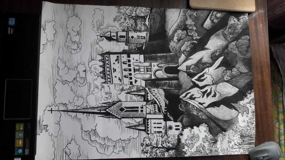 Рисунок туш Луцький замок і Дім Євангелія . Замок Любарта А2