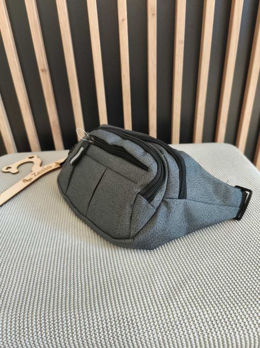 Stylowa nowa pojemna nerka na biodro ciemny szary kilka przegród