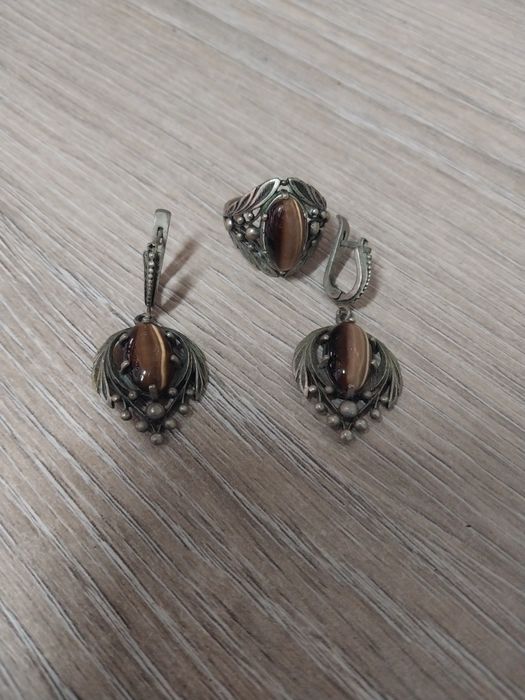 Серьги и кольцо камень Тигровый глаз