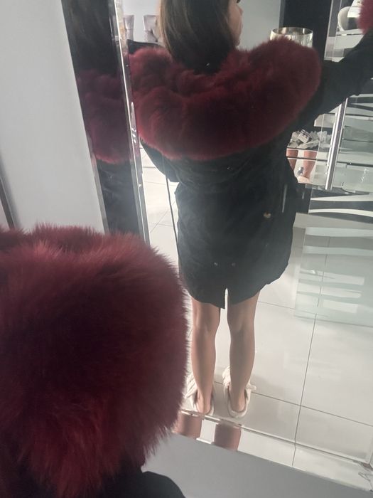 Piekna parka plaszcz futro naturalne lis bordo s/m