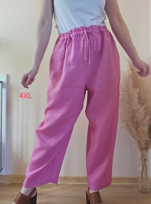 Letnie długie spodnie lniane 100% len różowy boho 50/52