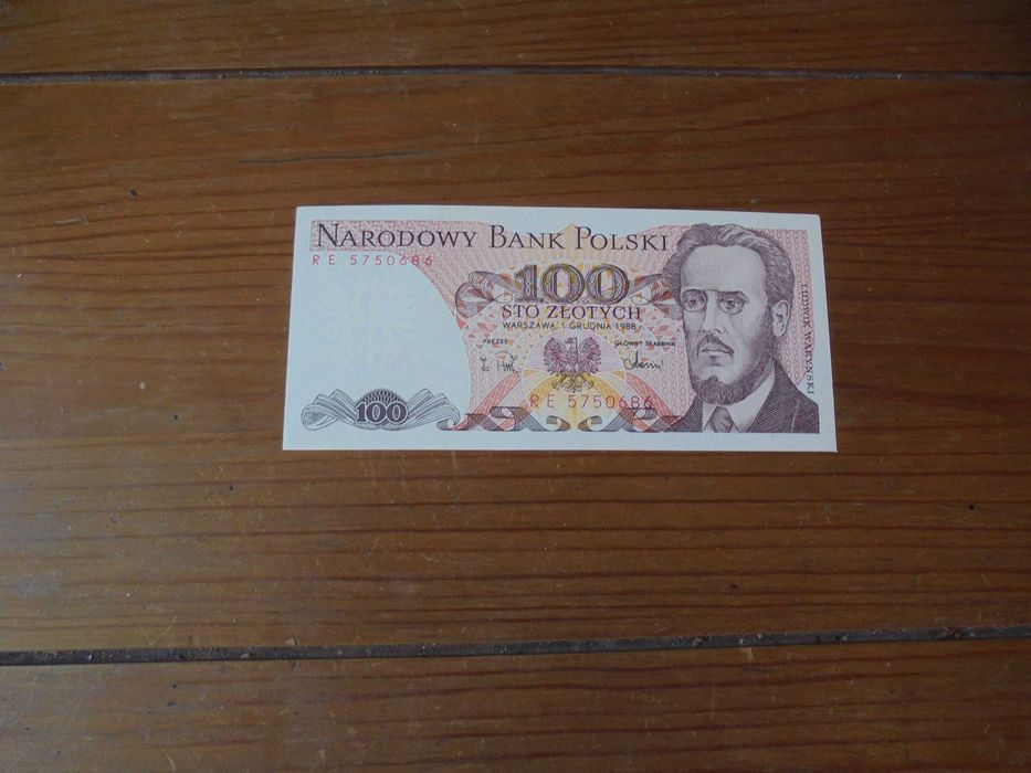 banknot Polski 100 zł 1988 seria RE nr 5750x86 stan bankowy UNC [b500]