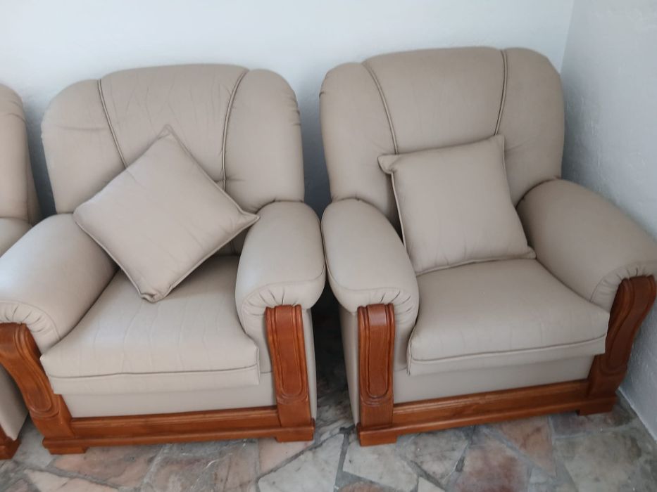 Duas poltronas e sofá em pele e madeira maciça