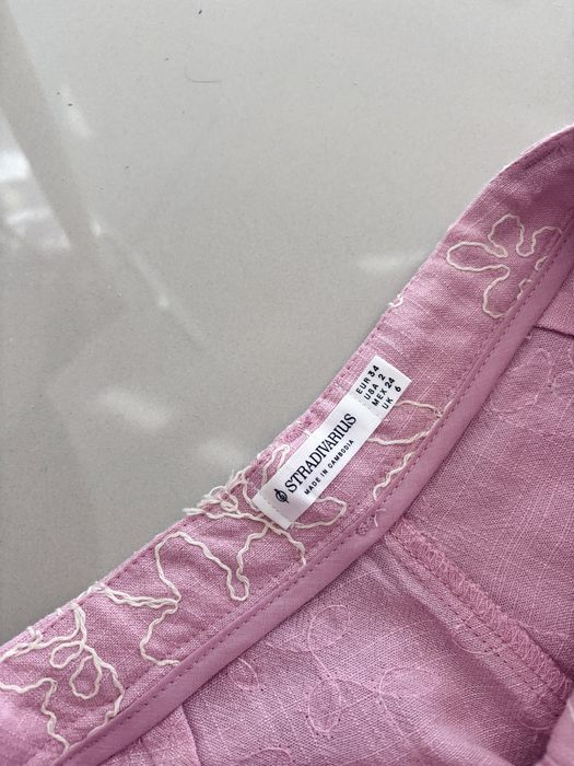 Lniane haftowane spodnie straight rozowe nowe z metkami Stradivarius