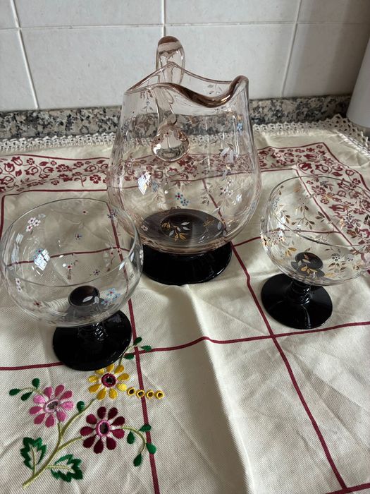 Serviço de Refresco Vintage Vidro Pintado à Mão – Anos 60 (Impecável)