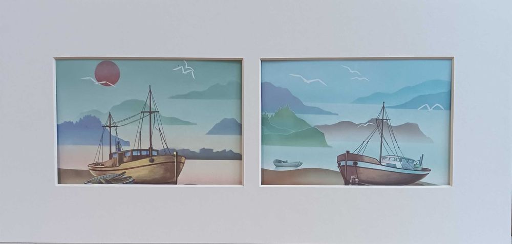 4 mini-paineis com litografias do Séc. XX - "Barcos"