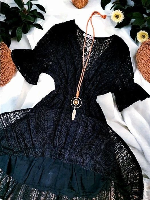 Czarna Sukienka Kopertowa Koronkowa Ażurowa Boho Hippie Gothic Premium