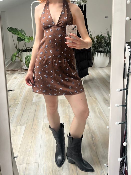 brązowa sukienka z wiązaniem na szyi cute coquette XS