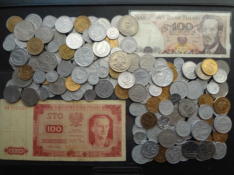 monety PRL - u plus dwa banknoty 100 zł.