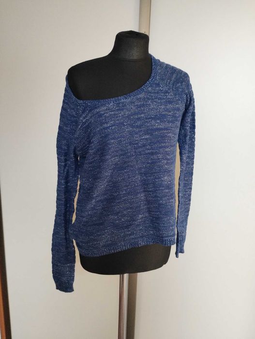 Niebieski sweter damski M melanż błyszcząca nitka casual basic