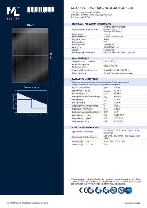 Moduł Fotowoltaiczny ML System 400 W [1722x1134x30] Full Black SLIM