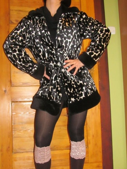 oryginalne ekskluzywne futerko płaszcz ciepły czarno-biały
