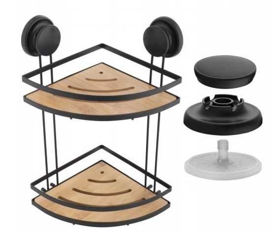 Półka ścienna łazienkowa narożna PRZYSSAWKI BEZ dziur bambus kosmetyki